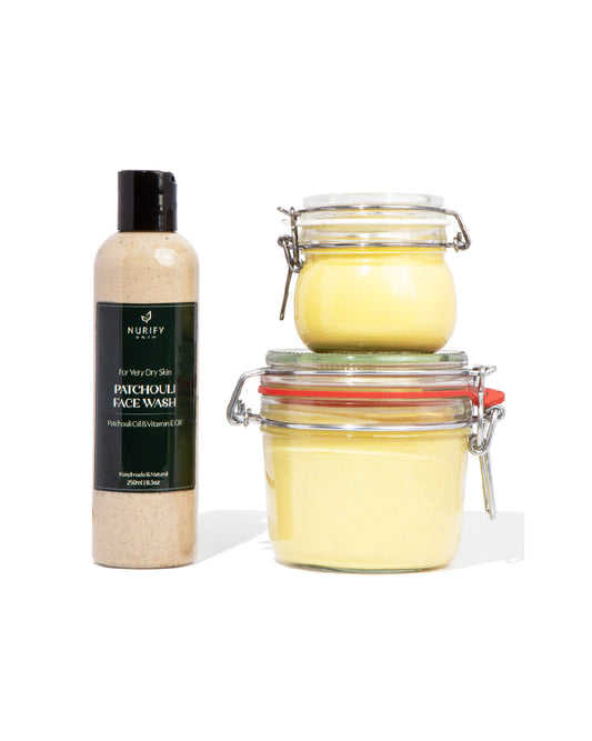 Patchouli Skincare Set displaying Patchouli Face Wash, Patchouli Hydrate & Balance Moisturizer, and Patchouli Body Butter, all with green labels featuring patchouli leaves.